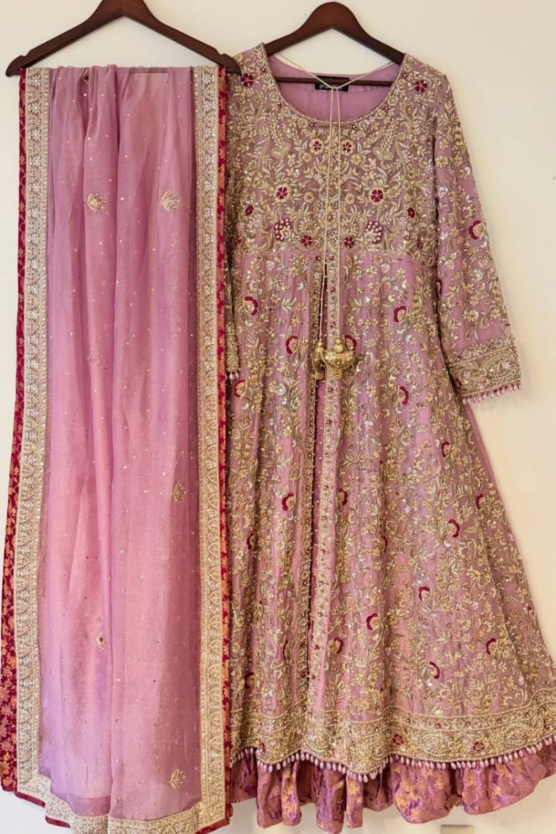 Baby Pink Hand-Embellished Sheesha Silk Open Frock with Jamawar Lehenga