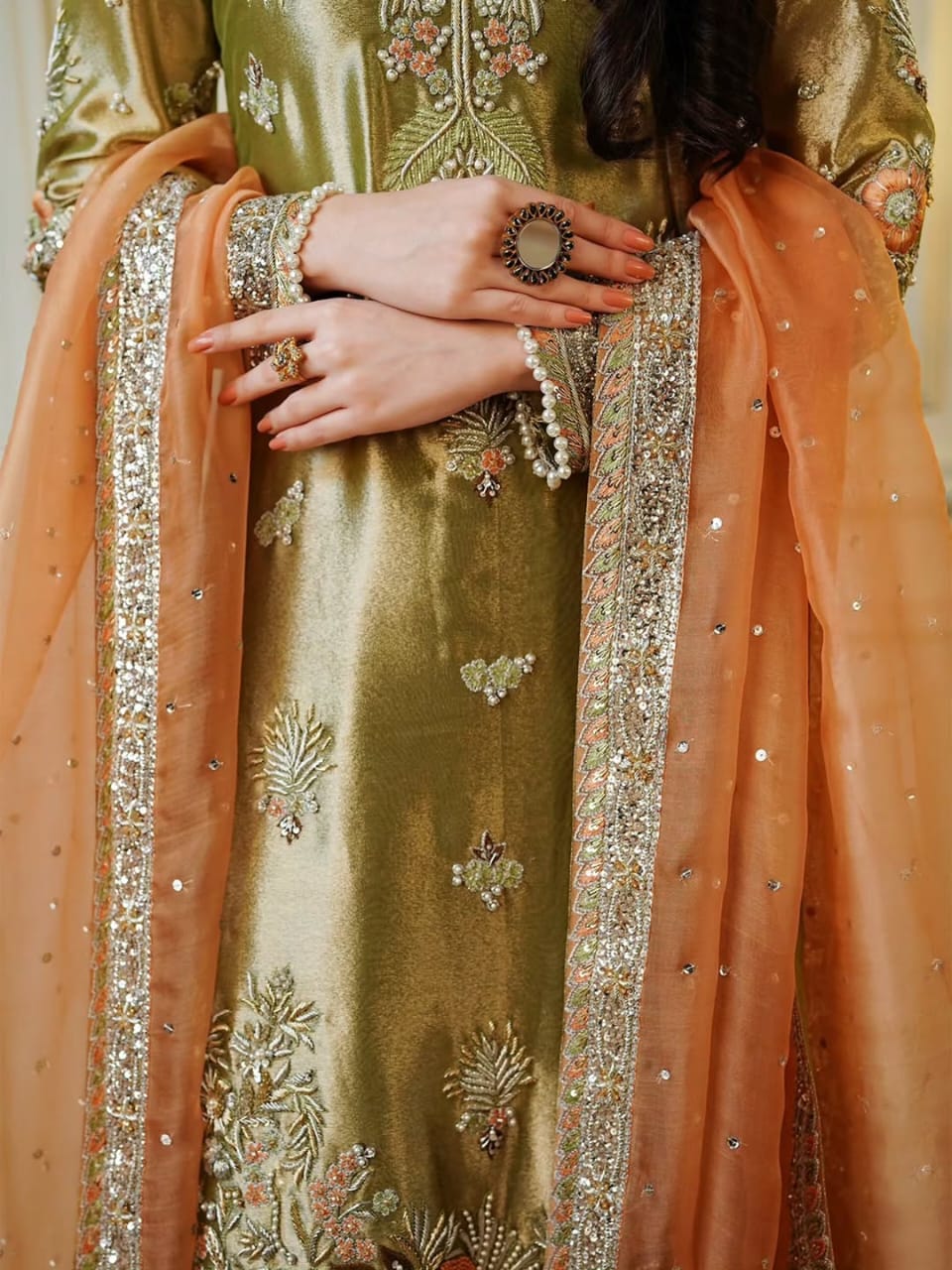 Regal Handcrafted Lama Silk Shirt & Palazzo Set with Khaddi Net Dupatta - Image 2