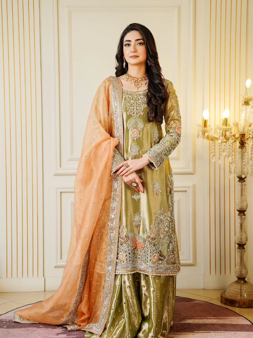 Regal Handcrafted Lama Silk Shirt & Palazzo Set with Khaddi Net Dupatta - Image 3