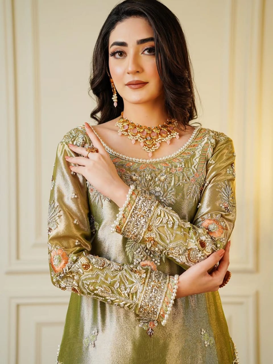 Regal Handcrafted Lama Silk Shirt & Palazzo Set with Khaddi Net Dupatta - Image 4