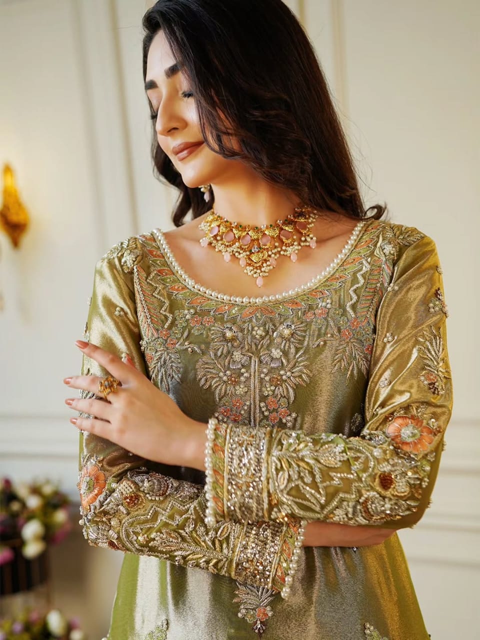 Regal Handcrafted Lama Silk Shirt & Palazzo Set with Khaddi Net Dupatta - Image 5