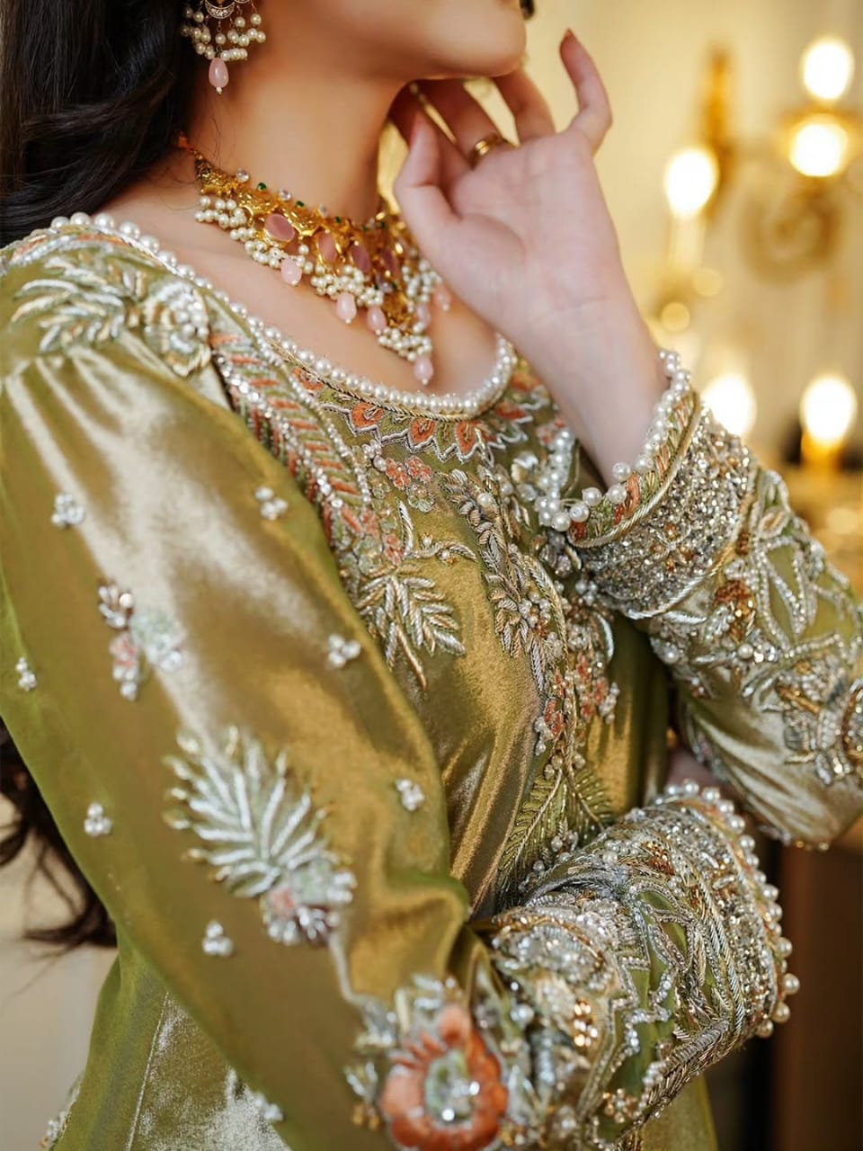 Regal Handcrafted Lama Silk Shirt & Palazzo Set with Khaddi Net Dupatta