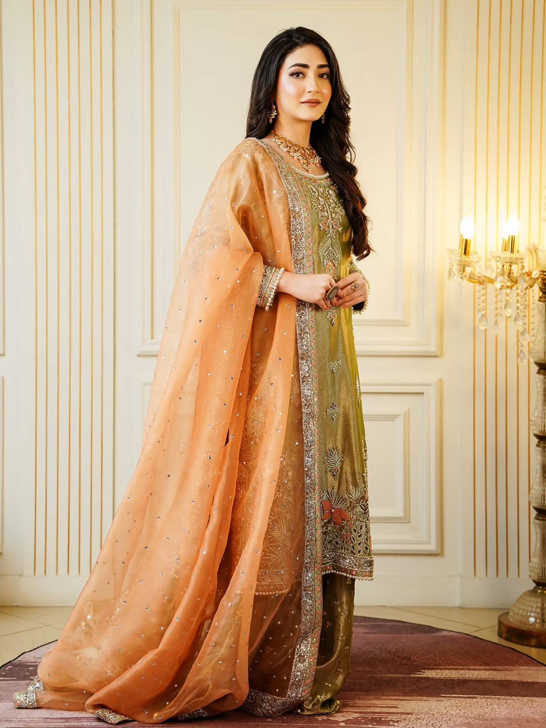 Regal Handcrafted Lama Silk Shirt & Palazzo Set with Khaddi Net Dupatta - Image 6