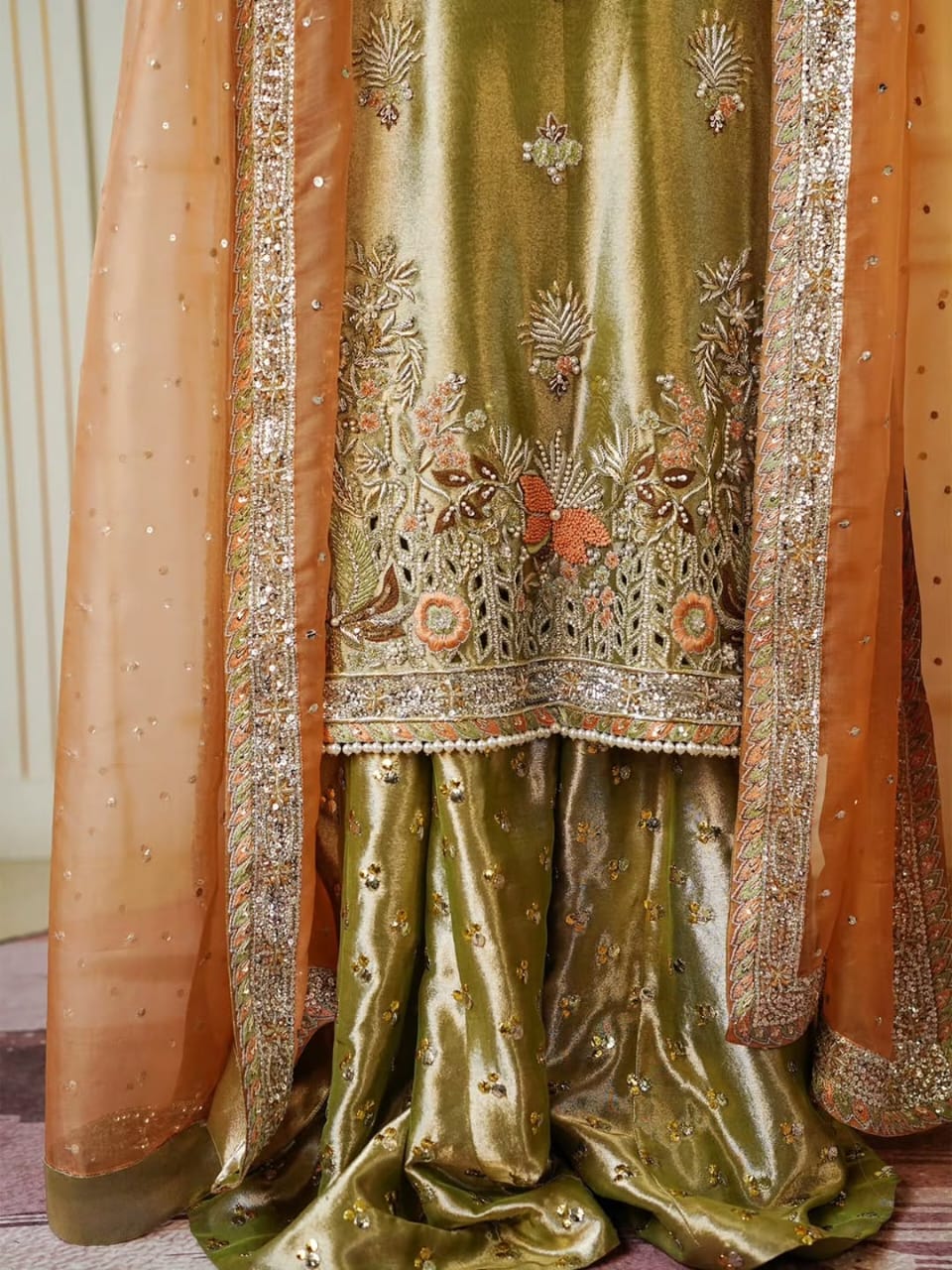 Regal Handcrafted Lama Silk Shirt & Palazzo Set with Khaddi Net Dupatta - Image 7