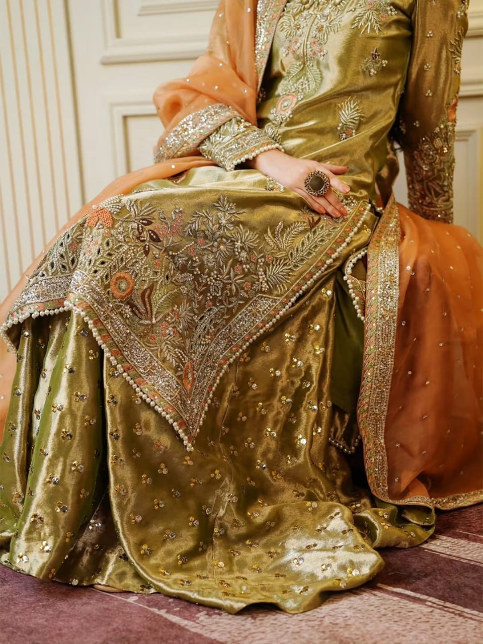 Regal Handcrafted Lama Silk Shirt & Palazzo Set with Khaddi Net Dupatta - Image 8