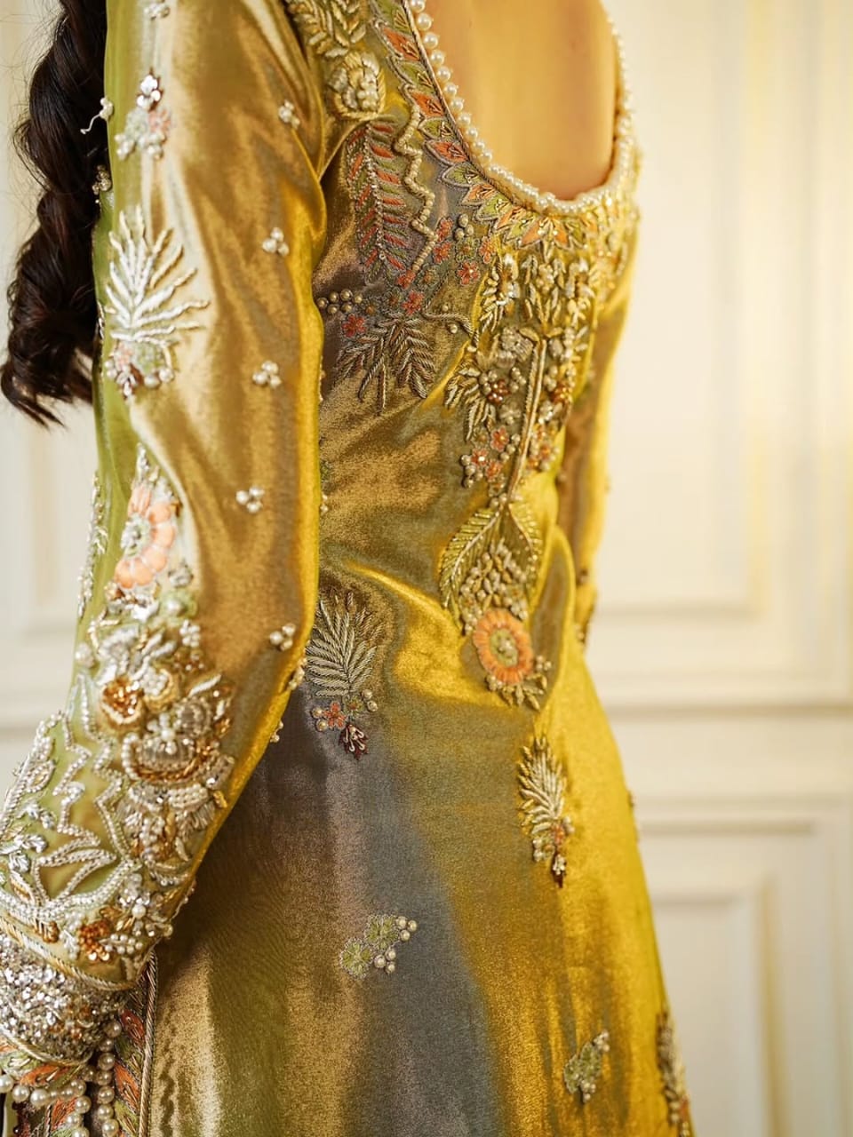 Regal Handcrafted Lama Silk Shirt & Palazzo Set with Khaddi Net Dupatta - Image 9