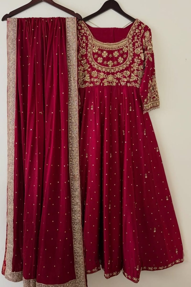 Regal Red Handcrafted Sheesha Silk Frock & Dupatta Set