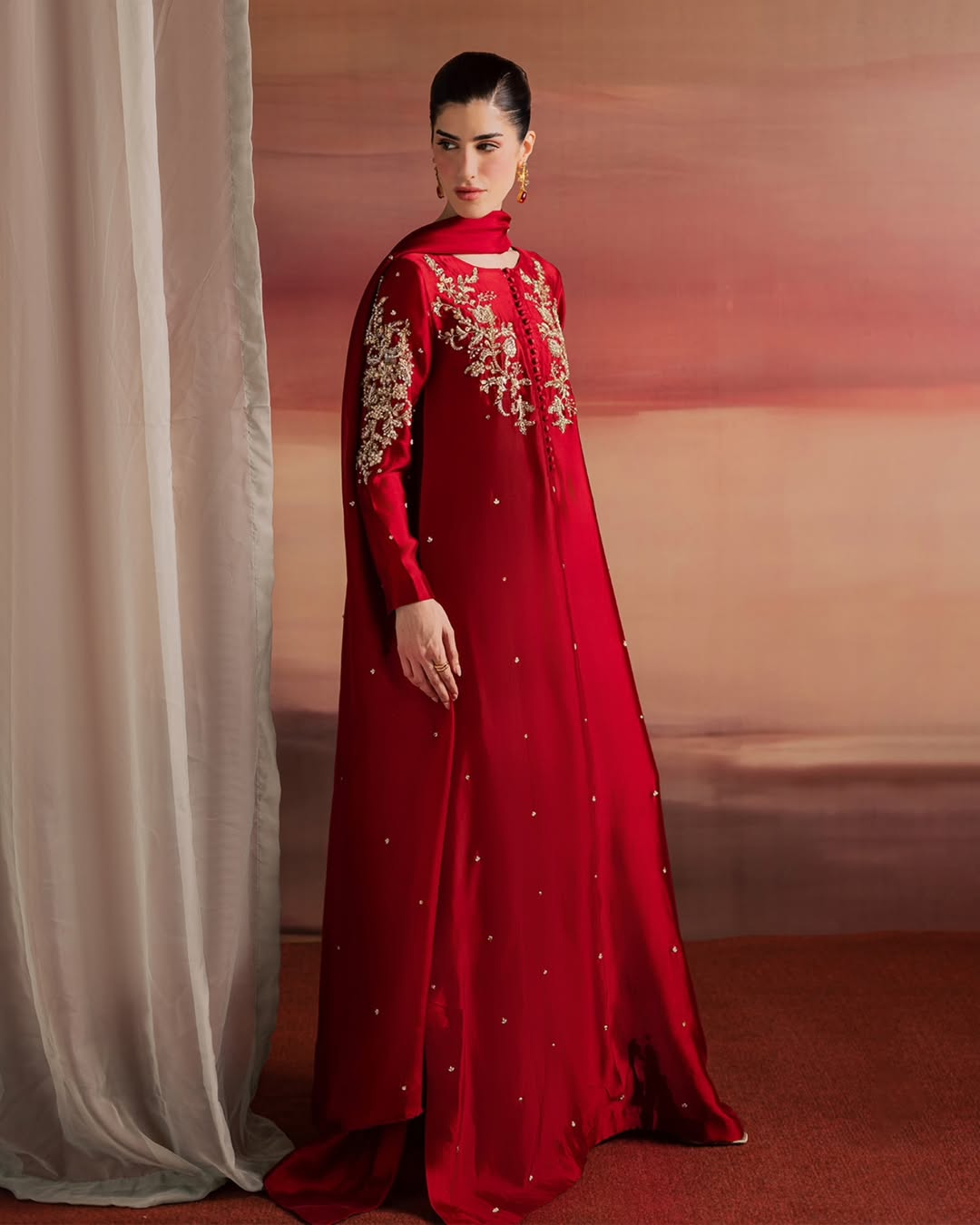 Red Hand-Embellished Sheesha Silk Frock Set with Diamond Crystal Work - Image 3