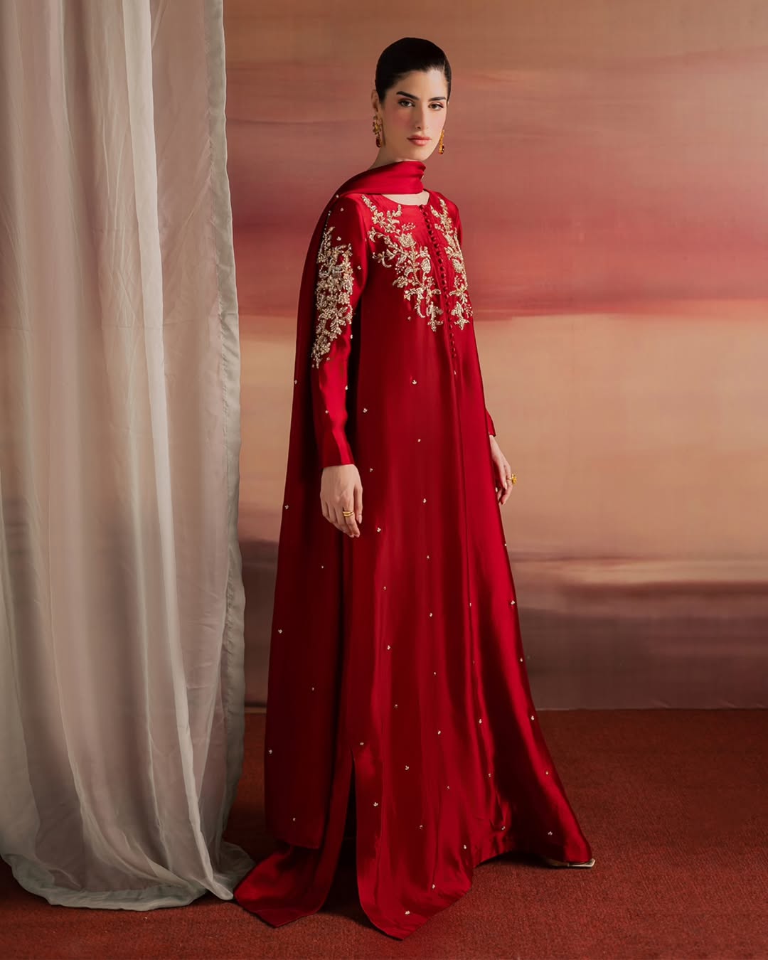 Red Hand-Embellished Sheesha Silk Frock Set with Diamond Crystal Work - Image 4