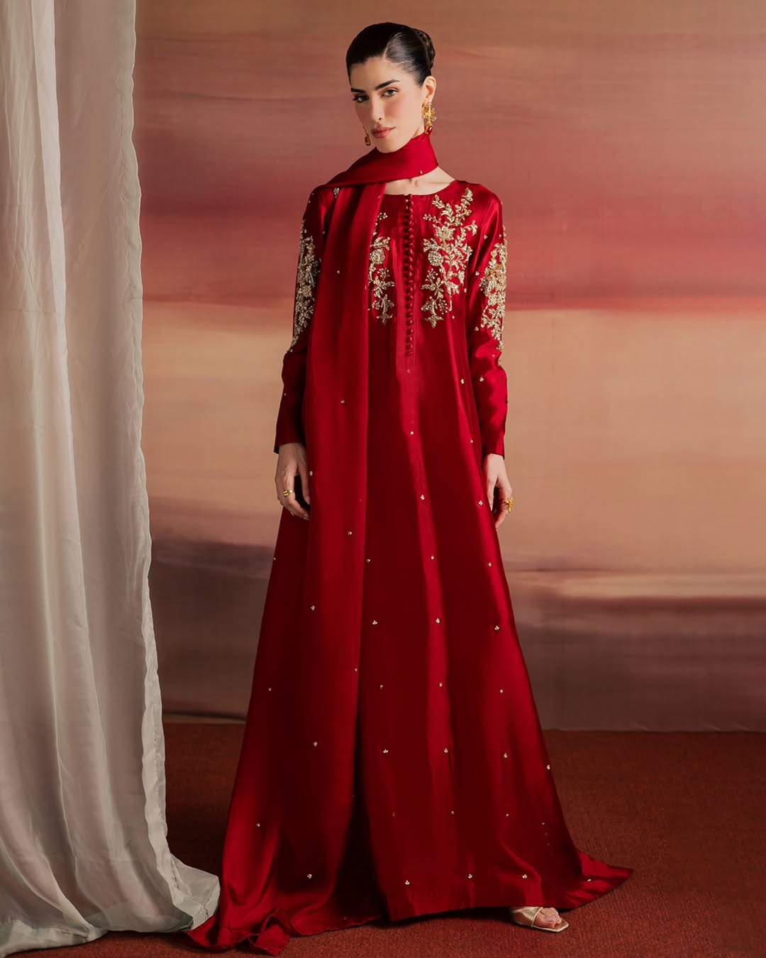 Red Hand-Embellished Sheesha Silk Frock Set with Diamond Crystal Work - Image 5