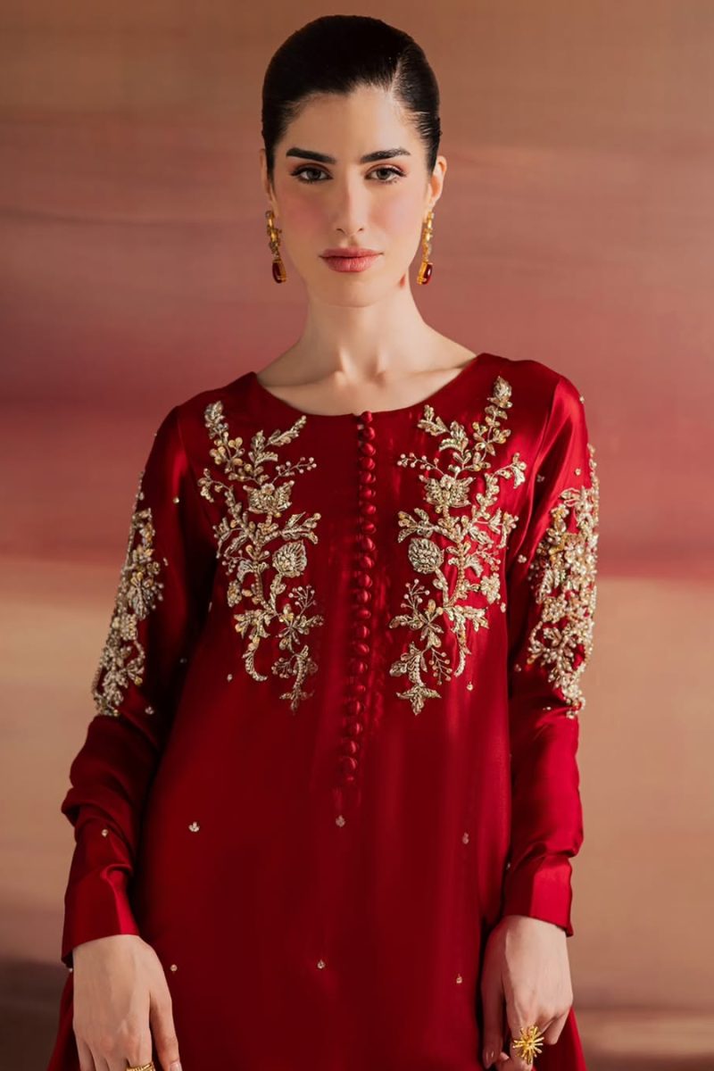 Red Hand-Embellished Sheesha Silk Frock Set with Diamond Crystal Work