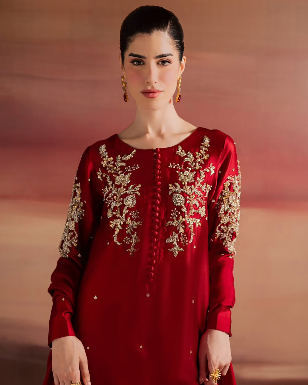 Red Hand-Embellished Sheesha Silk Frock Set with Diamond Crystal Work