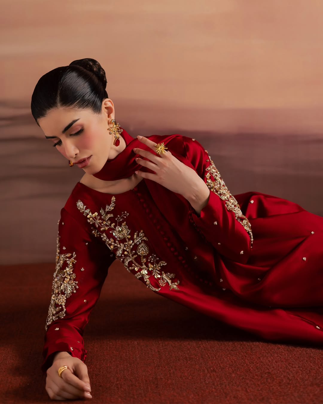 Red Hand-Embellished Sheesha Silk Frock Set with Diamond Crystal Work - Image 7