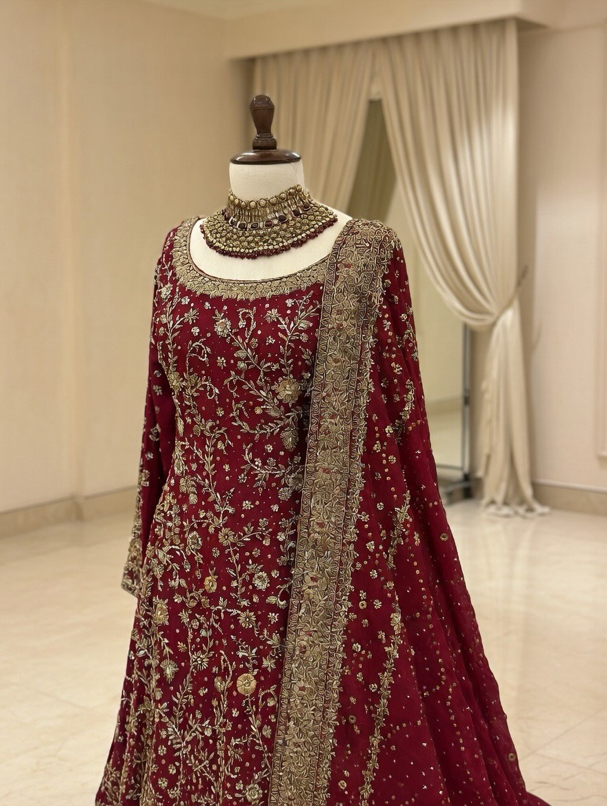 Red Hand-Embellished Sheesha Silk Long Shirt with Jamawar Farshi Lehenga - Image 2