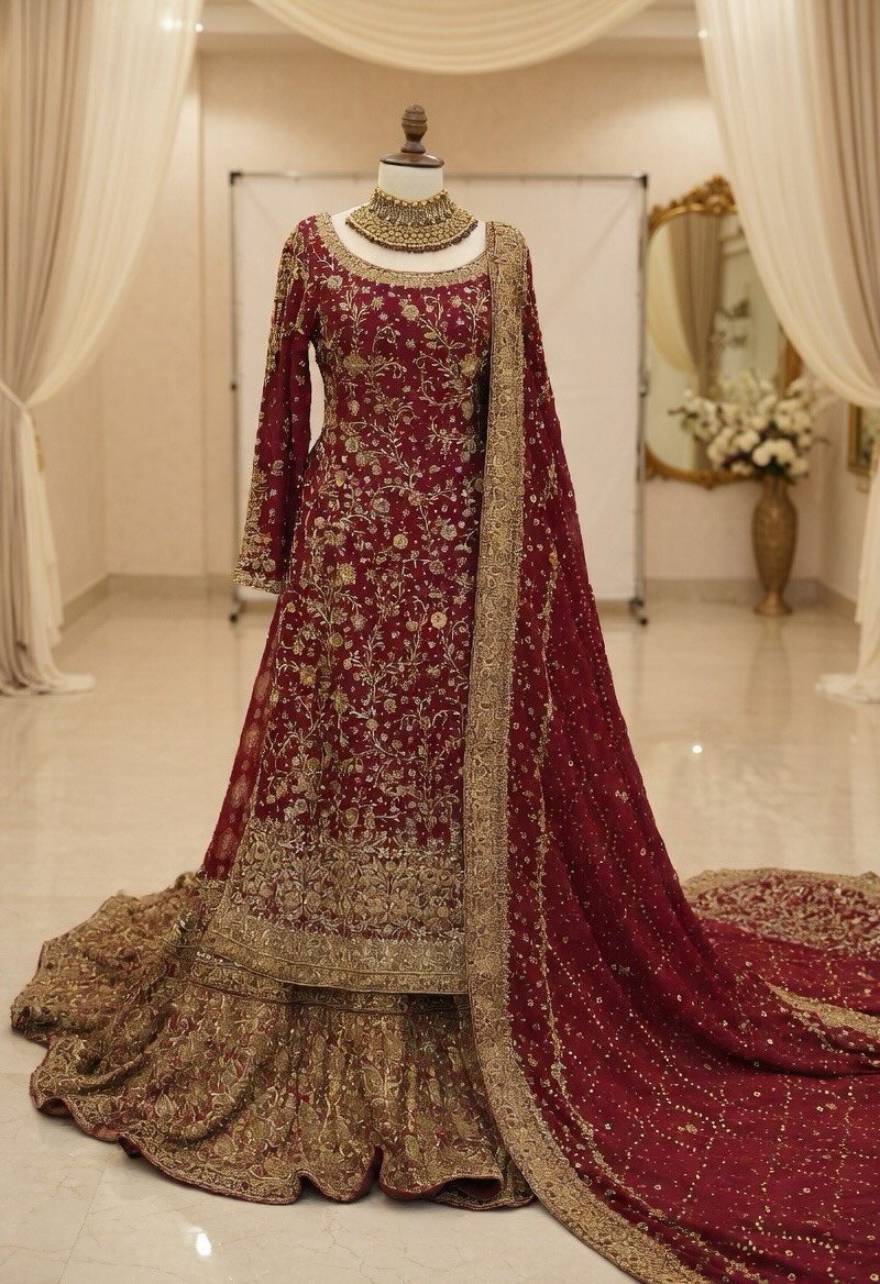 Red Hand-Embellished Sheesha Silk Long Shirt with Jamawar Farshi Lehenga