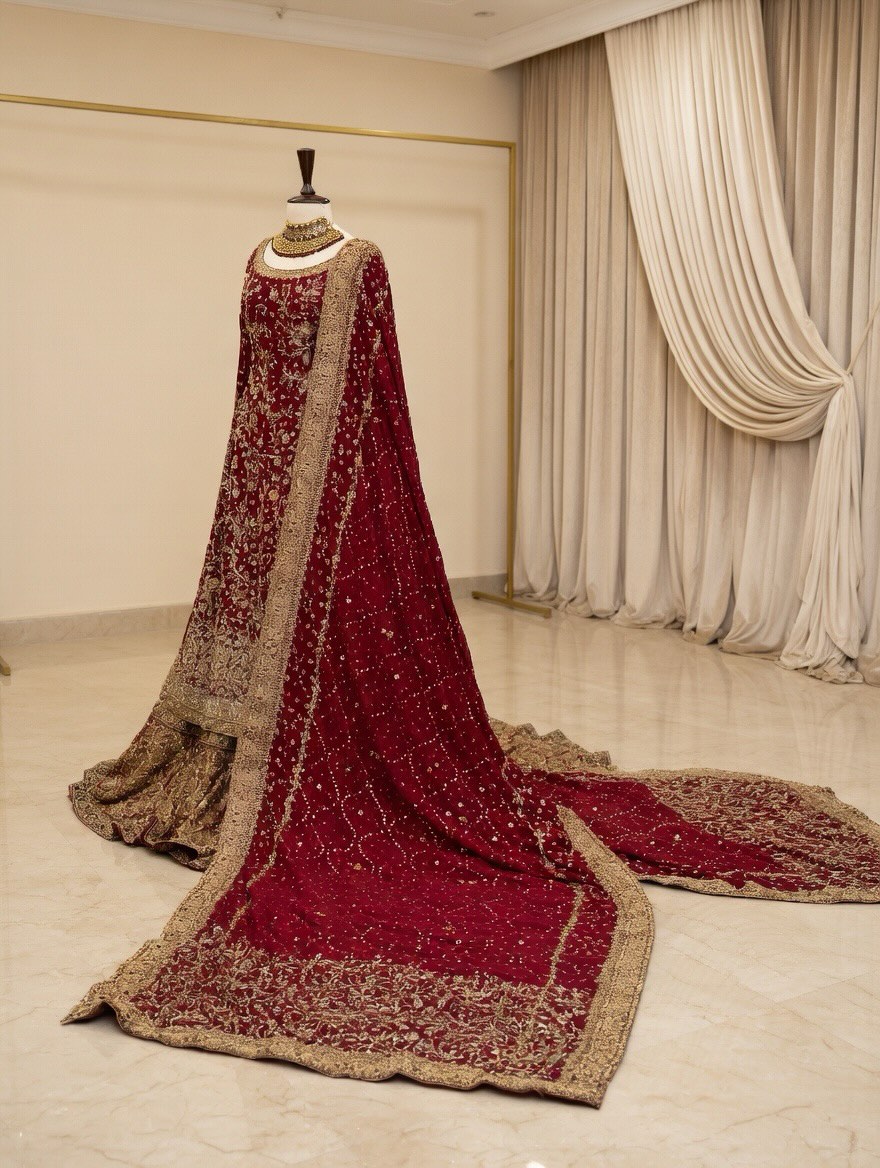 Red Hand-Embellished Sheesha Silk Long Shirt with Jamawar Farshi Lehenga - Image 3