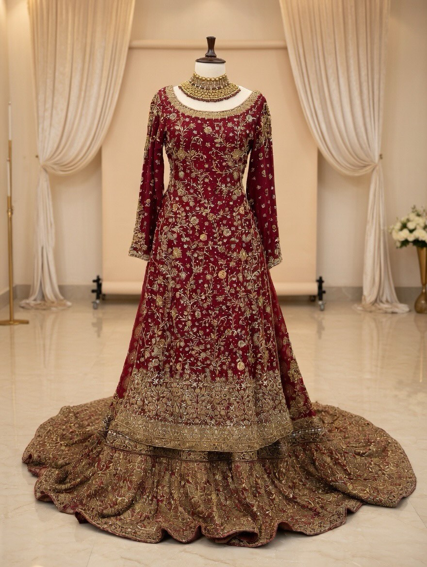 Red Hand-Embellished Sheesha Silk Long Shirt with Jamawar Farshi Lehenga - Image 5
