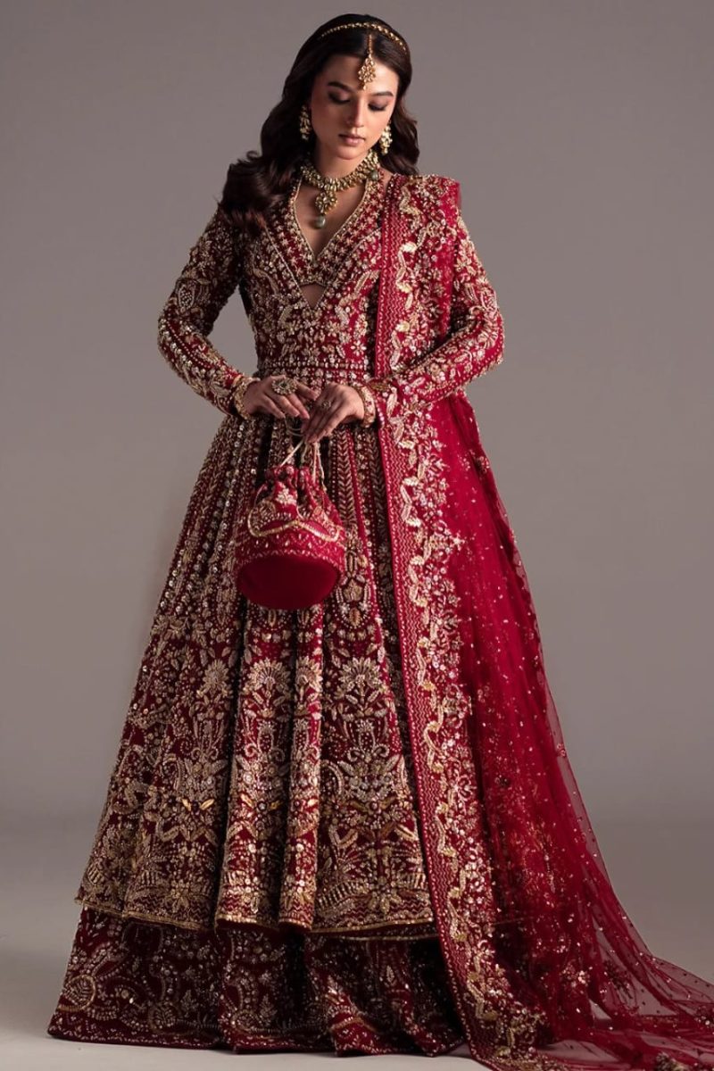 Red Hand-Embellished Raw Silk Maxi Set with Diamond Crystal Work