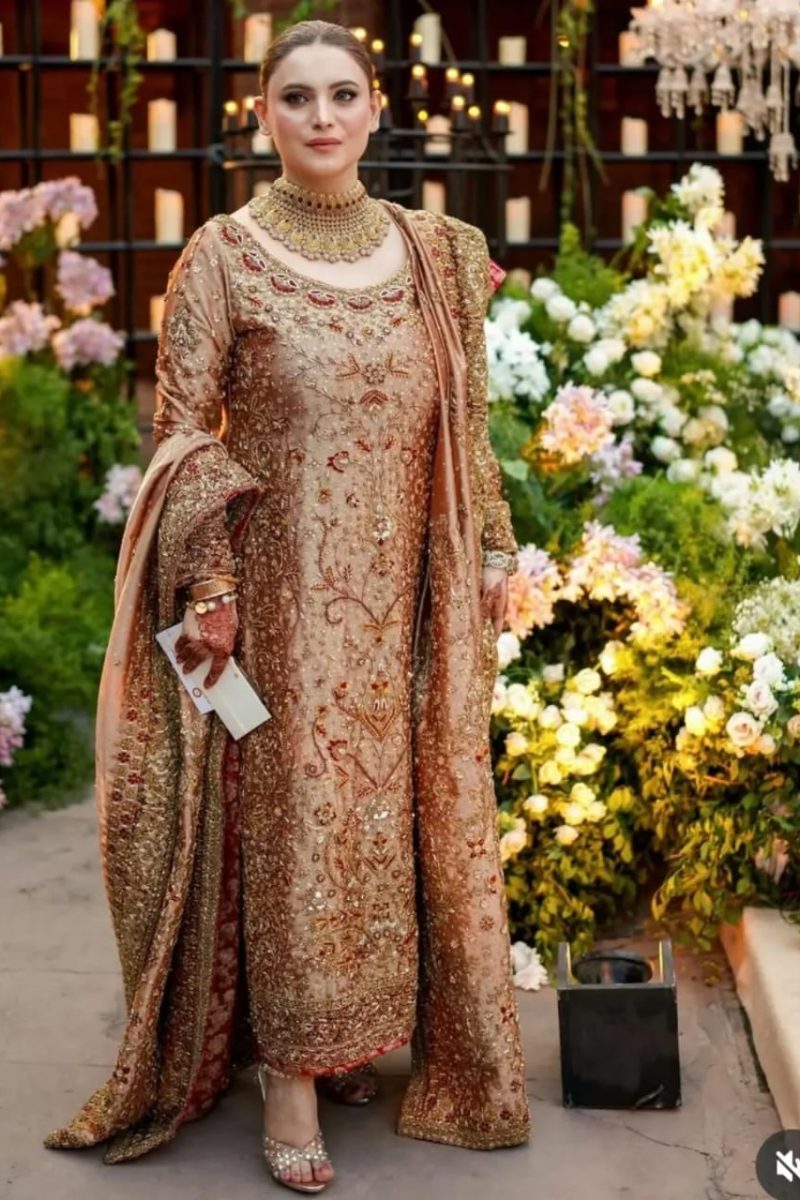 Royal Skin Gold Pure Lama Silk Long Shirt Set with Handcrafted Dabka Work